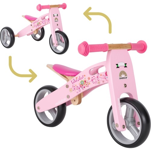 Vélo Draisienne Enfants et Tricycle en bois pour garcons et filles de 18 mois | Vélo sans pédales MINI (combinaison 2 et 3 roues) évolutive 7 pouces | Rose