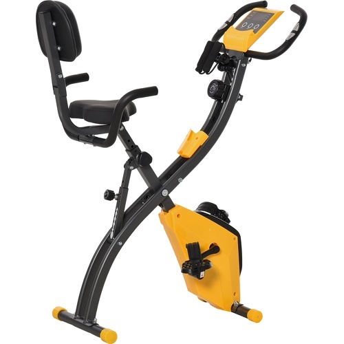 Vélo d'appartement pliant 8 niveaux de résistance magnétique dossier selle réglable poignées ergonomiques écran LCD multifonction suspensions support tablette acier jaune gris