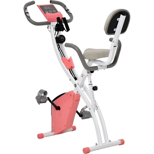 Vélo d'appartement pliant 8 niveaux de résistance magnétique dossier selle réglable poignées ergonomiques écran LCD multifonction suspensions support tablette acier rose blanc