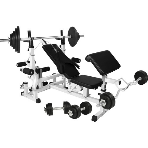 Banc de musculation universel avec support pour haltères et set d'haltéres en caoutchouc de 105,5kg