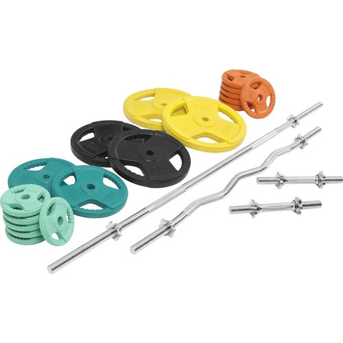 GORILLA SPORTS - Set en caoutchouc grip avec barre longue de 170cm, barre curl de 120cm et deux barres courtes de 35cm avec bague de serrage (105,5kg total)