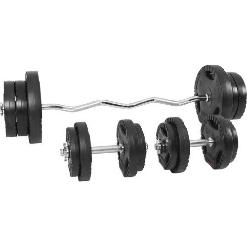 Set d'haltères 70 Kg (disques plastique à poignées + barre Curl)