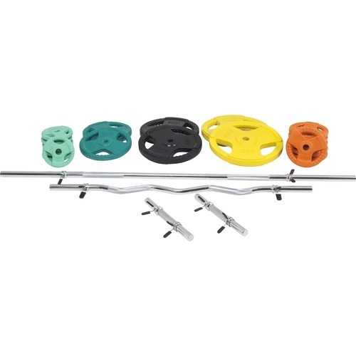 GORILLA SPORTS - Set en caoutchouc grip avec barre longue de 170cm, barre curl de 120cm et deux barres courtes de 35cm avec stop disques (105,5kg total)