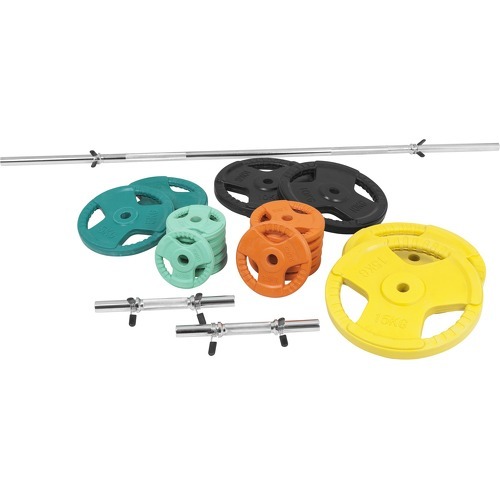 GORILLA SPORTS - Set en caoutchouc grip avec barre longue de 170cm et deux barres courtes de 35cm avec stop disques (97,5kg total)