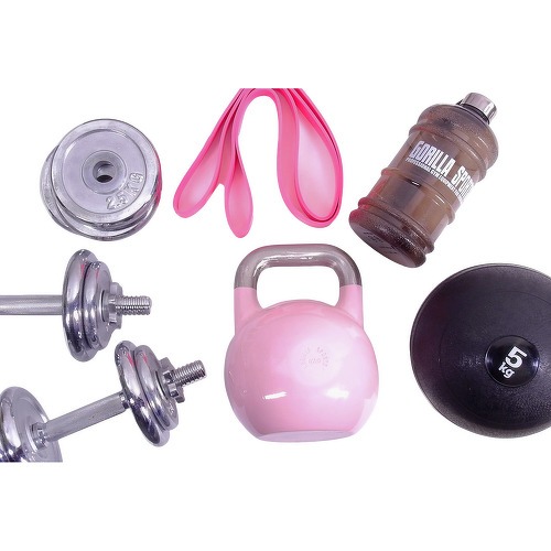 GORILLA SPORTS - Girl Power Pack 5 accessoires - haltères - kettlebell - bande de résistance - slam ball