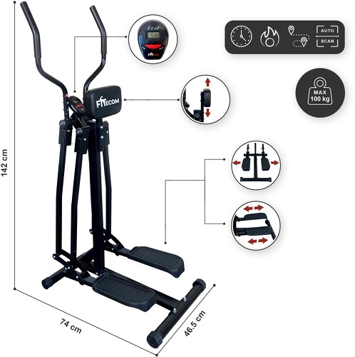 FITecom-Vélo Elliptique Air Walker Cardio Fitness avec Ordinateur et Écran LCD Support Abdominal Cross Trainer Noir Velo d’Appartement-image-2