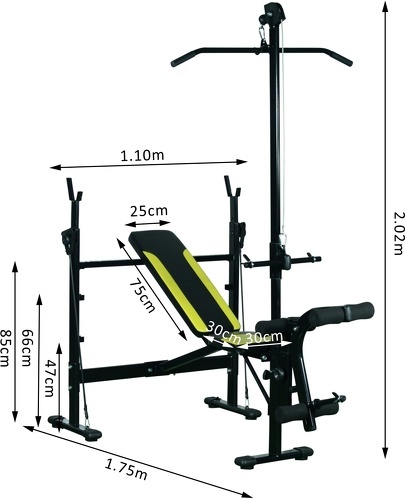 HOMCOM-Banc de musculation Fitness entrainement complet dossier réglable cordes traction curler supports barre et haltères noir et jaune-2