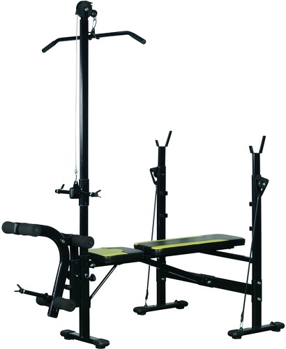 HOMCOM-Banc de musculation Fitness entrainement complet dossier réglable cordes traction curler supports barre et haltères noir et jaune-3