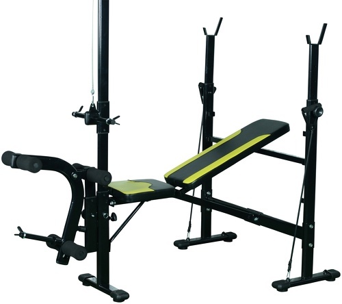 HOMCOM-Banc de musculation Fitness entrainement complet dossier réglable cordes traction curler supports barre et haltères noir et jaune-4