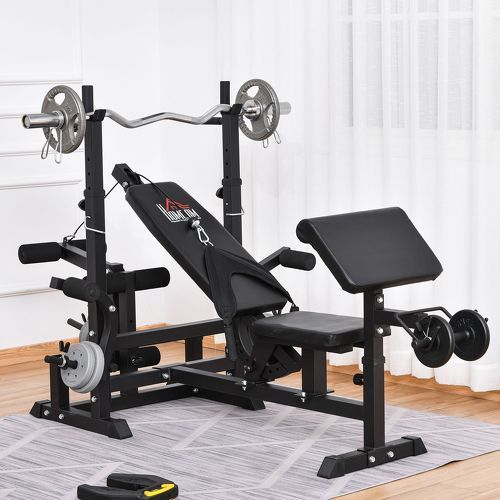 HOMCOM-Banc de musculation multifonction réglable - pupitre à biceps, repose barre curl, poignées à Dips, module extension bras jambes, résistance horizontale - acier noir-1