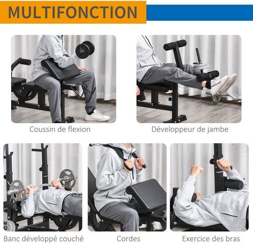 HOMCOM-Banc de musculation multifonction réglable - pupitre à biceps, repose barre curl, poignées à Dips, module extension bras jambes, résistance horizontale - acier noir-3