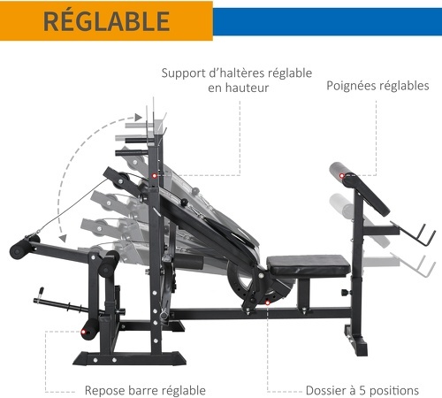 HOMCOM-Banc de musculation multifonction réglable - pupitre à biceps, repose barre curl, poignées à Dips, module extension bras jambes, résistance horizontale - acier noir-4