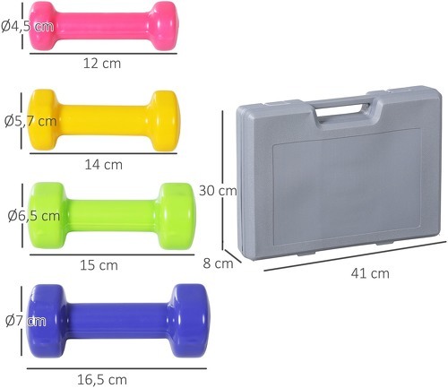 HOMCOM-Ensemble d'haltères courtes total 10 Kg - paires de 0,5/1/1,5/2 Kg avec malette - entraînement musculaire & haltérophilie - métal PU multicolore-2