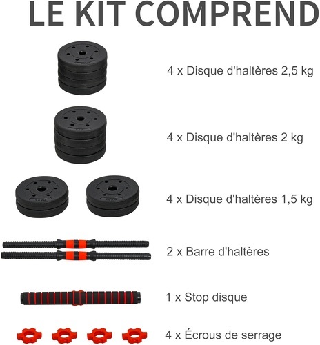 HOMCOM-Ensemble d'haltères courtes total 25 Kg - barres incluses - entraînement musculaire & haltérophilie - acier HDPE noir rouge-3