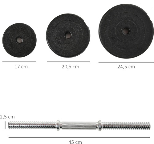 HOMCOM-Ensemble d'haltères courtes total 36 Kg - barres incluses - entraînement musculaire & haltérophilie - acier HDPE noir-2