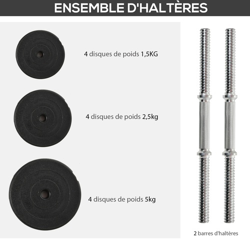 HOMCOM-Ensemble d'haltères courtes total 36 Kg - barres incluses - entraînement musculaire & haltérophilie - acier HDPE noir-3