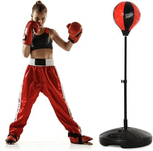 HOMCOM-Punching ball sur pied pour enfant hauteur réglable 78-120 cm base de lestage paire gants inclus rouge noir-image-1