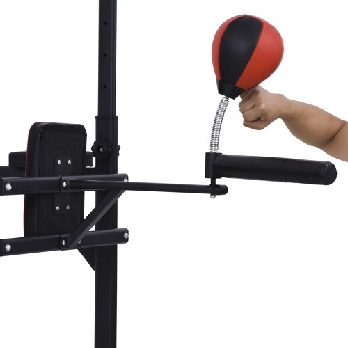 HOMCOM-Station de traction musculation multifonctions punching ball chaise romaine hauteur réglable acier noir rouge-2