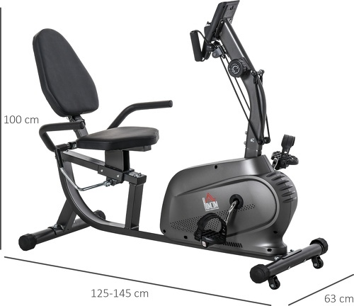 HOMCOM-Vélo d'appartement semi-allongé magnétique écran LCD multifonction selle réglable 2 bandes résistance acier noir-2