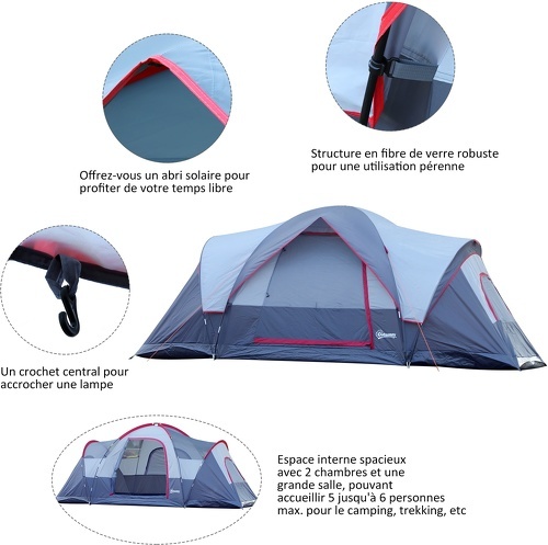 Outsunny-Tente de camping familiale 5-6 personnes - grande porte + 3 fenêtres - dim. 4,55L x 2,3l x 1,8H m fibre verre polyester oxford gris-4