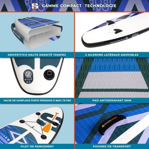 SIMPLE PADDLE-Stand up Paddle Gonflable ROAM 10' 30'' 6'' (295 x 76 x 15 cm) Gamme COMPACT avec Pagaie, Leash, Pompe et Sac de Transport-3