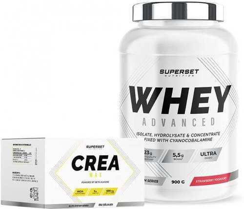 Superset Nutrition-Programme Prise de Muscle Sec Avancé: 100% Whey Proteine Advanced (900g) [FRAISE YOGOURT] + Créa Max-0