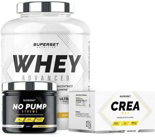 Superset Nutrition-Programme Prise de Muscle Sec Confirmé: 100% Whey Proteine Advanced (2Kg) [BANANA SPLIT] + No Pump Xtreme [PINA COLADA] + Créa Max-0