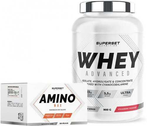 Superset Nutrition-Programme Prise de Muscle Sec Débutant: 100% Whey Proteine Advanced (900g) [FRAISE YOGOURT] + Amino Max-0