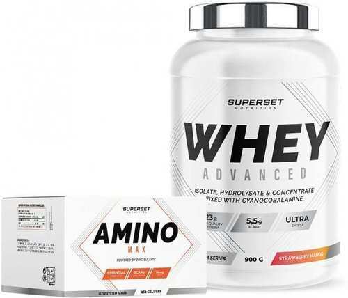 Superset Nutrition-Programme Prise de Muscle Sec Débutant: 100% Whey Proteine Advanced (900g) [MANGUE FRAISE] + Amino Max-0