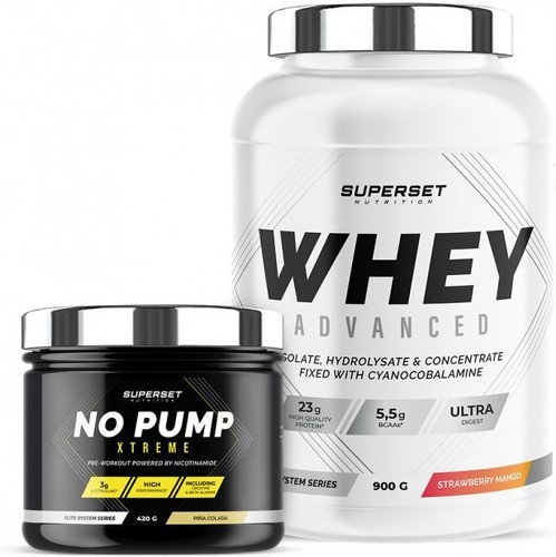 Superset Nutrition-Programme Fitness Energie: 100% Whey Proteine Advanced (900g) [MANGUE FRAISE] + No Pump Xtreme [PINA COLADA]-0