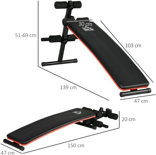 HOMCOM-Banc de musculation pliable banc abdominaux hauteur réglable 5 positions dim. 139L x 47l x 51-69 cm rouge noir-2
