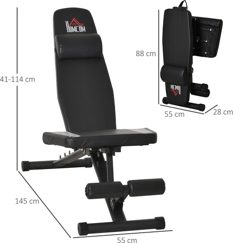 HOMCOM-HOMCOM Banc de musculation pliable - dossier réglable 6 niv. assise 3 niv. - rembourrage épais, tétière amovible - acier noir synthétique effet fibre carbone-2