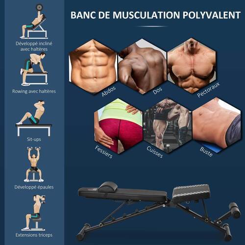 HOMCOM-HOMCOM Banc de musculation pliable - dossier réglable 6 niv. assise 3 niv. - rembourrage épais, tétière amovible - acier noir synthétique effet fibre carbone-3