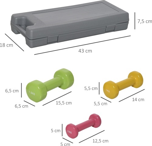 HOMCOM-Ensemble d'haltères courtes total 6 Kg - paires de 0,5/1/1,5 Kg avec malette - entraînement musculaire & haltérophilie - acier PU multicolore-2