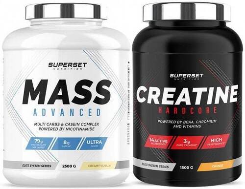 Superset Nutrition-Programme Prise de Masse Avancé: Mass Advanced (2,5Kg) [VANILLE CREMEUSE] + Créatine Hardcore (1,5Kg) [ORANGE]-0