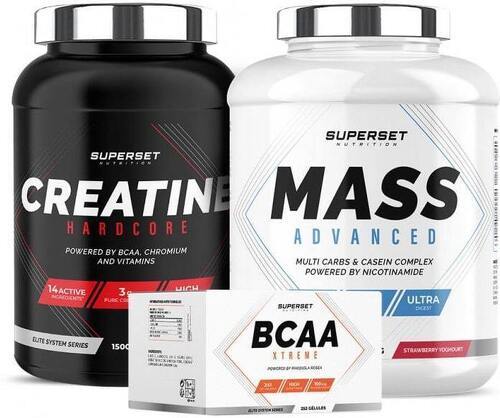 Superset Nutrition-Programme Prise de Masse Confirmé: Mass Advanced (2,5Kg) [FRAISE YOGOURT] + Créatine Hardcore (1,5Kg) [ORANGE] + BCAA Xtreme-0