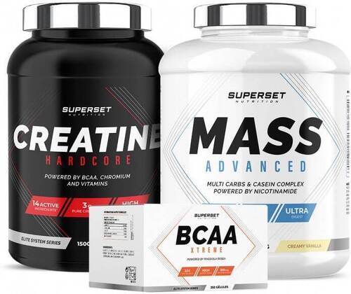Superset Nutrition-Programme Prise de Masse Confirmé: Mass Advanced (2,5Kg) [VANILLE CREMEUSE] + Créatine Hardcore (1,5Kg) [ORANGE] + BCAA Xtreme-0
