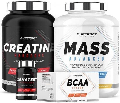 Superset Nutrition-Programme Prise de Masse Expert: Mass Advanced (2,5Kg) [BANANA SPLIT] + Créatine Hardcore + BCAA Xtreme + Xenatest Hardcore-0