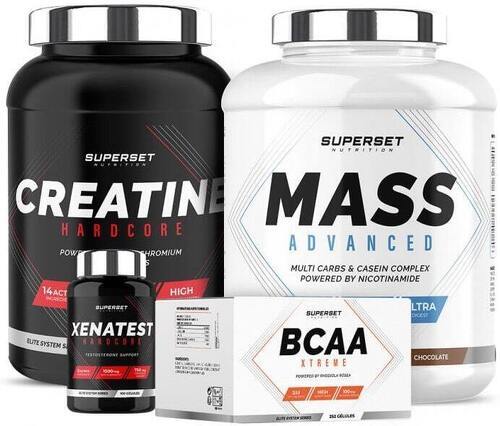 Superset Nutrition-Programme Prise de Masse Expert: Mass Advanced (2,5Kg) [CHOCOLAT] + Créatine Hardcore [ORANGE] + BCAA Xtreme + Xenatest Hardcore-0