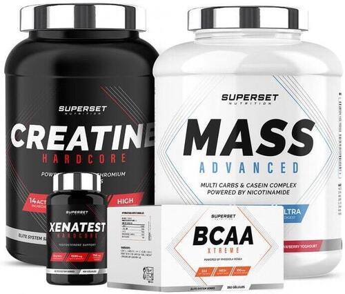 Superset Nutrition-Programme Prise de Masse Expert - Mass Advanced 2,5kg Fraise Yogourt - Créatine Hardcore - BCAA Xtreme - Xenatest Hardcore-image-1