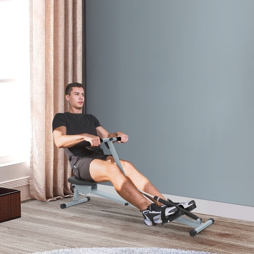 HOMCOM-Rameur d'appartement appareil de Fitness et musculation cardio training écran LCD multifonction acier gris et noir-1