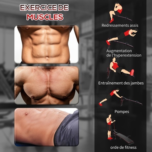 HOMCOM-Banc de musculation appareil à abdo hauteur réglable 55,5 x 137,5 x 50-68 cm 2 bandes de résistances + ressort central traction acier noir rouge-3