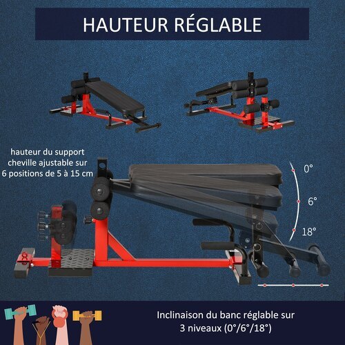 HOMCOM-Banc à squat pliable sissy squat machine à squat - appareil de musculation 3 en 1 - hauteur réglable 6 positions - acier synthétique rouge noir-4
