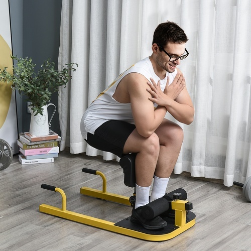 HOMCOM-Banc à squat sissy squat machine à squat appareil de musculation hauteur coussin et rouleaux réglables acier jaune noir-1