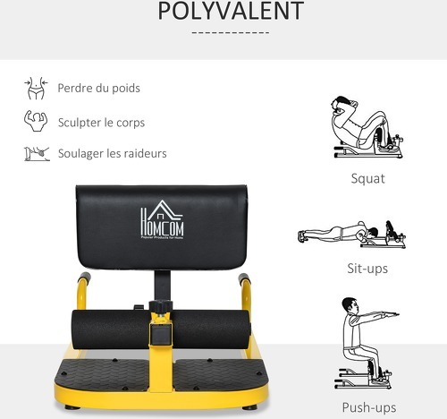 HOMCOM-Banc à squat sissy squat machine à squat appareil de musculation hauteur coussin et rouleaux réglables acier jaune noir-3
