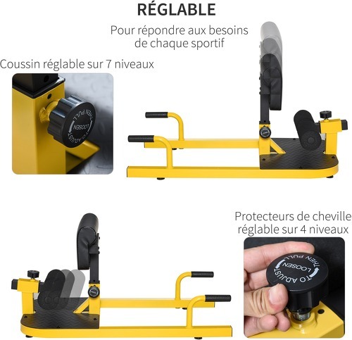 HOMCOM-Banc à squat sissy squat machine à squat appareil de musculation hauteur coussin et rouleaux réglables acier jaune noir-4