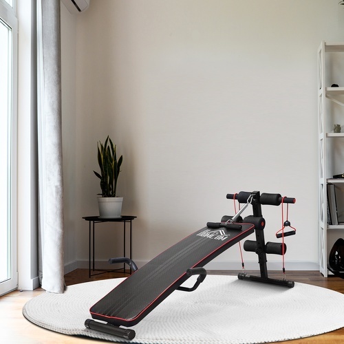 HOMCOM-Banc de musculation appareil à abdo hauteur réglable 55,5 x 137,5 x 50-68 cm 2 bandes de résistances + ressort central traction acier noir rouge-1