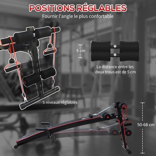 HOMCOM-Banc de musculation appareil à abdo hauteur réglable 55,5 x 137,5 x 50-68 cm 2 bandes de résistances + ressort central traction acier noir rouge-4