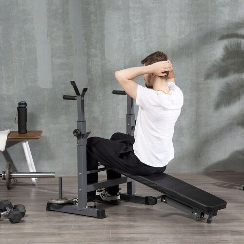 HOMCOM-Banc De Musculation Fitness Pliable Entrainement Complet Poignées À Dips Racks Poids Support Haltères Réglable Acier-1