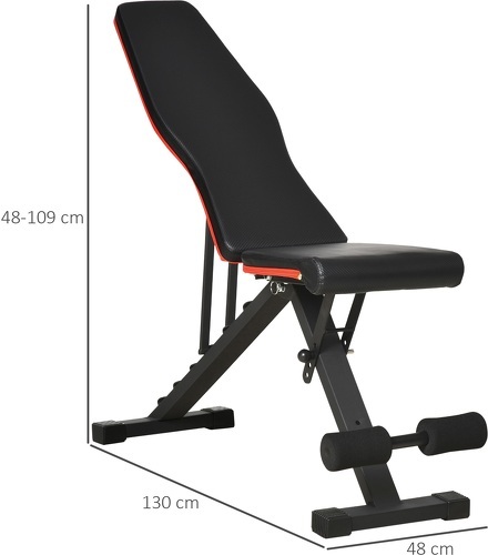 HOMCOM-Banc de musculation pliable - dossier réglable 6 niv. - assise ajutable 4 niv. - coussin dossier assise rembourré, revêtement synthétique - châssis acier rouge noir-2